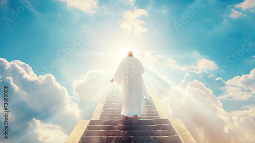 Vision of the Ascension of a human figure, Jesus in a white robe, ascending a staircase into heaven photo