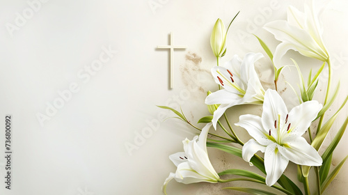 Easter concept, cross and blooming lilies , light background, flat lay, top view. Postcard template for the religious Great Holiday of Holy Easter photo