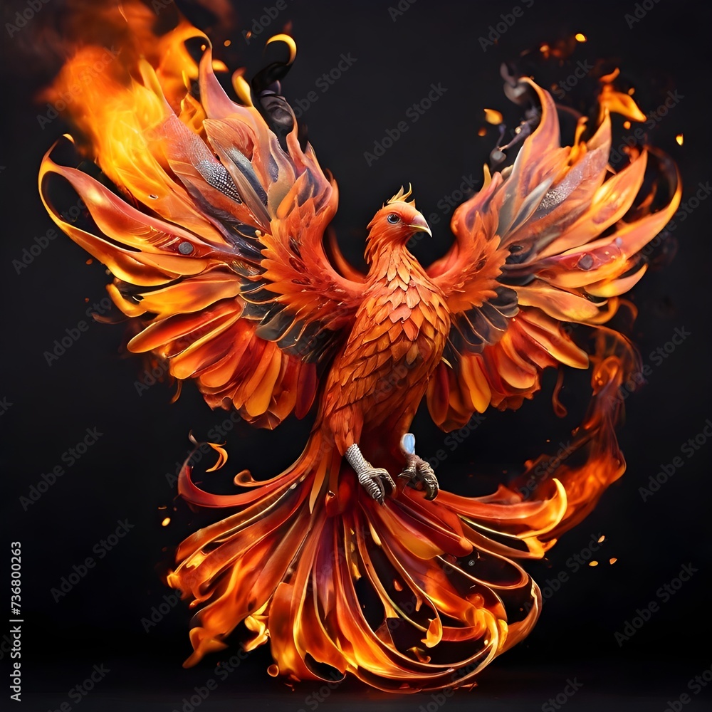 A stunning phoenix tattoo, with fiery wings ablaze in vibrant orange, red, and gold hues, creates a mesmerizing spectacle of power and rebirth. The high-resolution image showcases Generative AI A stunning phoenix tattoo, with fiery wings ablaze in vibrant orange, red, and gold hues, creates a mesmerizing spectacle of power and rebirth. The high-resolution image showcases Generative AI