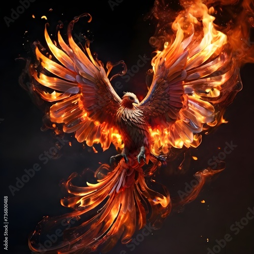 A stunning phoenix tattoo, with fiery wings ablaze in vibrant orange, red, and gold hues, creates a mesmerizing spectacle of power and rebirth. The high-resolution image showcases Generative AI