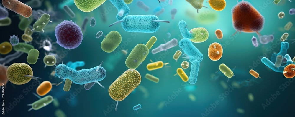 Floating of microscopic bacteria molecule, virus or germs illustration, human immune - obrazy, fototapety, plakaty 