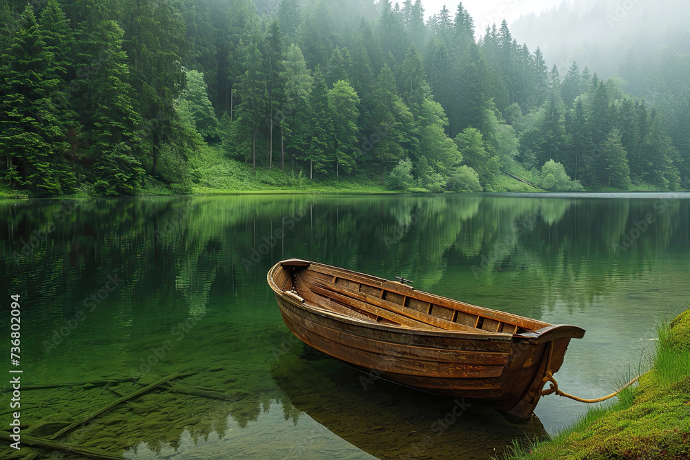 Fishing boat on a green lake reservoir by the forest at a natural park