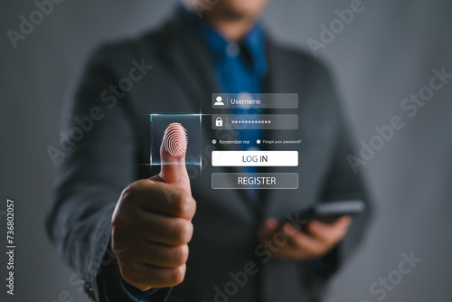 User's online security check system. Businessman using fingerprint. Digital transformation technology strategy, transformation of ideas and the adoption of technology in business in the digital age.