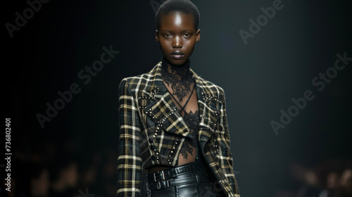 A plaid blazer with exaggerated shoulder pads and a lace bodysuit worn underneath paired with a leather mini skirt and kneehigh boots. This bold take on a classic piece is perfect