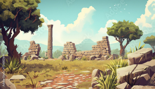 Game Asset, Ancient Ruins in a Peaceful Cartoon Countryside