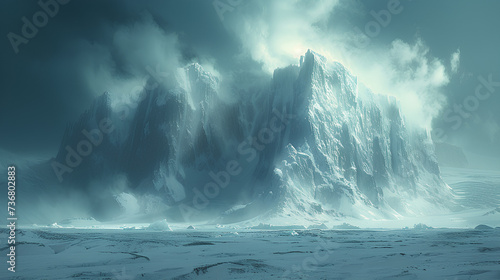 photo of a view of an iceberg with a dramatic sky as a background