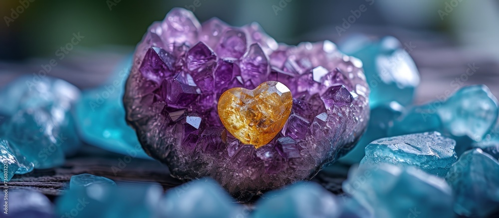 a heart shaped amethyst with a yellow stone in it is surrounded by blue crystals . High quality a heart shaped amethyst with a yellow stone in it is surrounded by blue crystals . High quality
