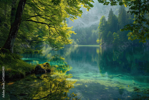 Beautiful spring landscape view of lush green trees by the lake in the morning. Traveling concept background for outdoor, nature and camping lovers.