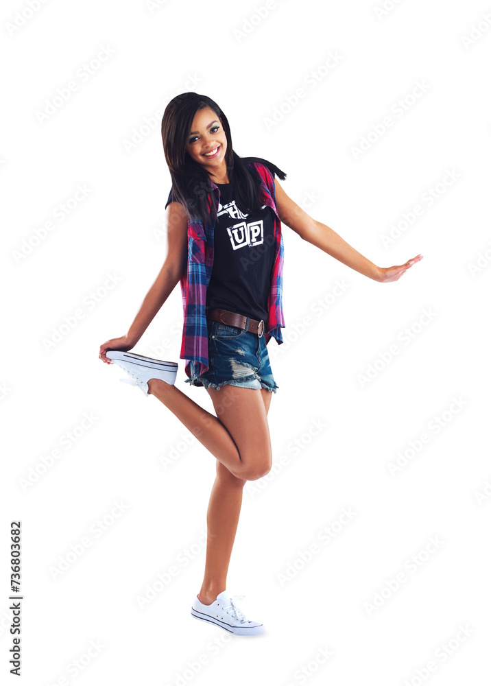 Φωτογραφία Young woman, portrait and fashion, excited with hip hop and smile isolated on png transparent background