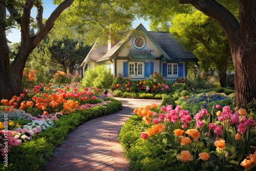 A serene garden with colorful afternoon blooms