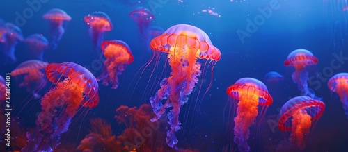 a group of jellyfish are swimming in the ocean . High quality