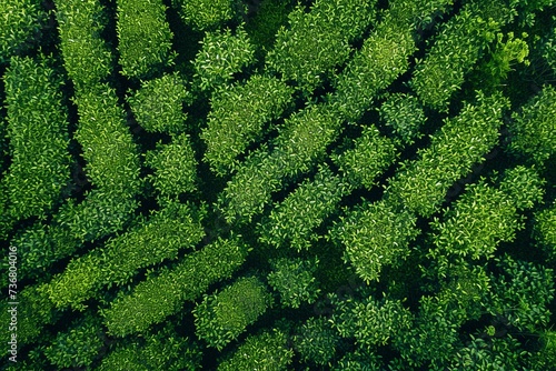 Green tea plantation, top view green tea field. photo