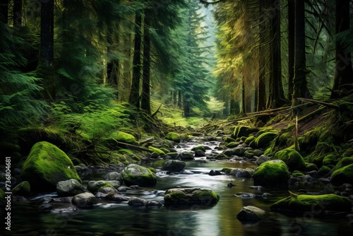 Peaceful evergreen grove by a mountain stream