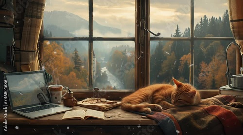 Cat Snoozing by Window: Valley Forest Overlook in the Serene Outdoors Seamless looping 4k time-lapse virtual video animation background. Generated AI