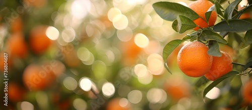 Ripe mandarin fruits in a soft-focused garden.