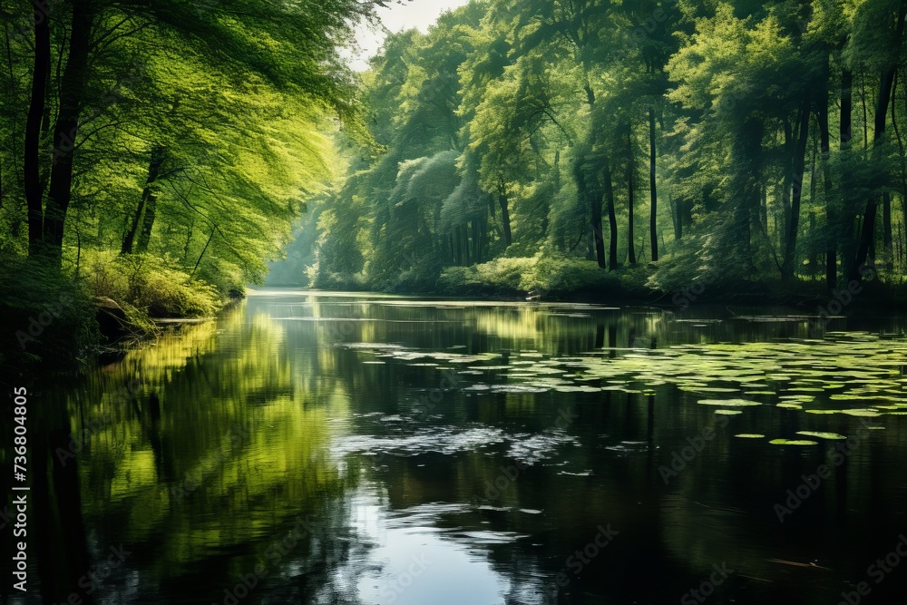 Reflection of a tranquil forest in a calm river