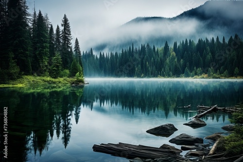 Serenity of a calm lake surrounded by evergreens
