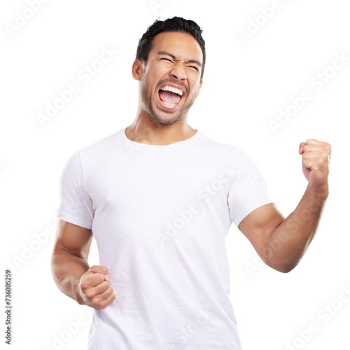 Photography Isolated man, happy and fist celebration, success and goals with shout by transparent png background