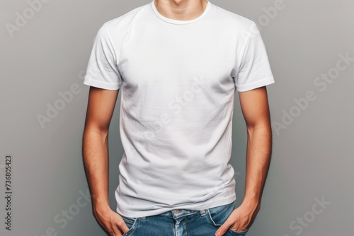 Man in blank white t-shirt isolated on gray background with copy space