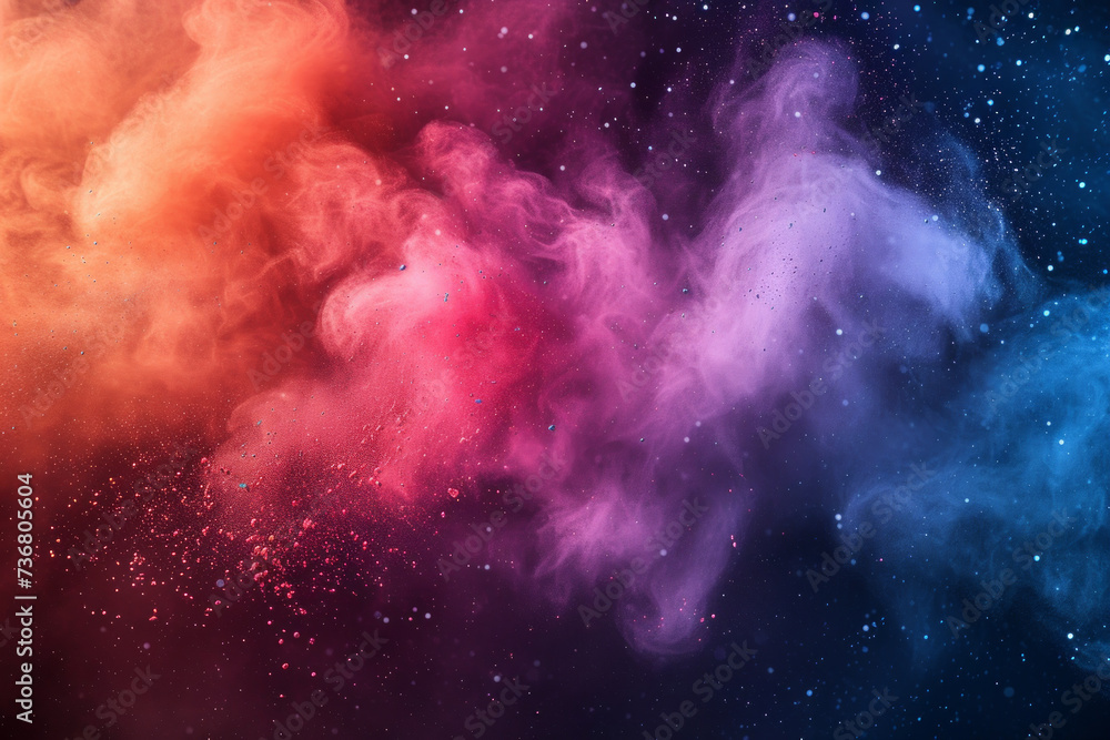 Exploding rainbow colors dust and powder, catching the moment of abstract splattered with dreamy and fantastic effect, on a isolated dark background, minimalist, copy space... - obrazy, fototapety, plakaty 