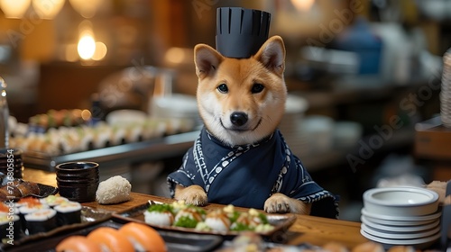 Funny dog working at Japanese sushi restaurant, cute shiba inu wearing chef's uniform. Anthropomorphic creative animal pet in costume 3d unique digital artwork, food editorial advertisement background photo