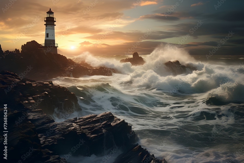 A coastal scene with a lighthouse overlooking turbulent waves crashing against the rocks.
