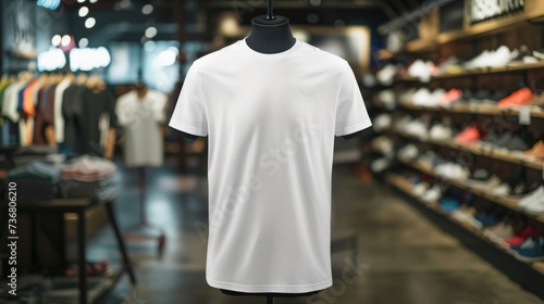 A white T-shirt on a mannequin in a store window. Blank t-shirt mockup.