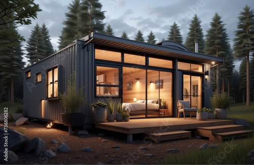 Modern tiny house made from old shipping containers. Shipping container houses is sustainable, eco-friendly living accommodation or holiday home © Johan Wahyudi
