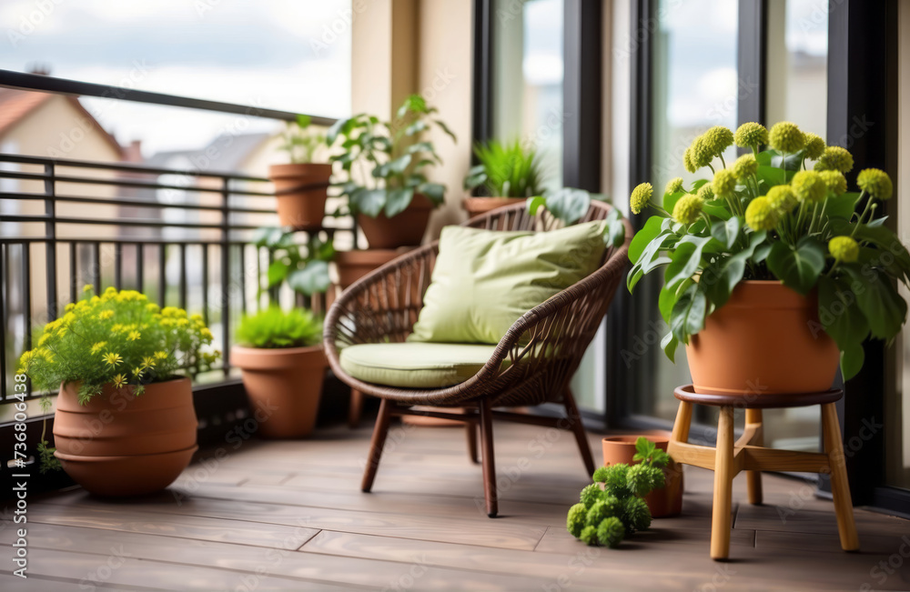 Beautiful balcony or terrace with wooden floor, chair and green potted flowers plants. Cozy relaxing area at home. Sunny stylish balcony terrace in the city