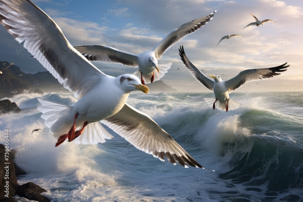 Obraz premium A group of seagulls soaring in a coastal breeze.3d rendered a group of seagulls flying under a blue sky over the beach, Ai generated