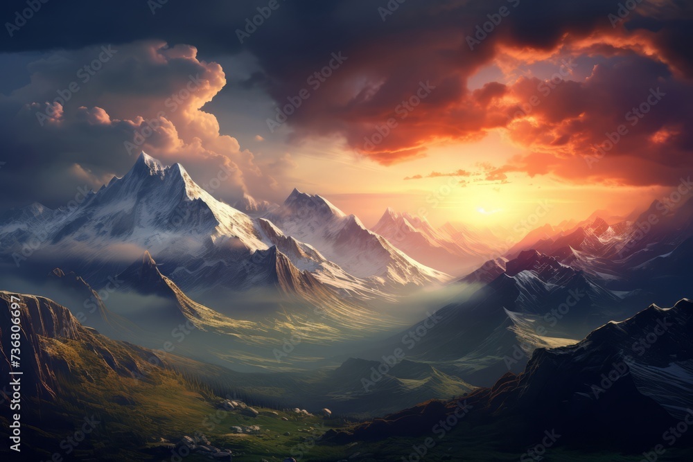 A breathtaking mountain landscape at sunrise, invoking a sense of wanderlust