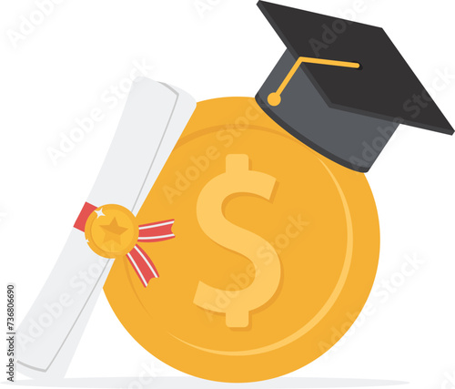 Education cost, tuition or scholarship, money for university or graduation, school expense or student debt, college diploma concept, dollae money coin with mortarboard graduation cap and certificate.
