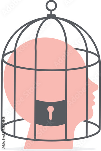 Fixed mindset, negative emotion, refusal to learn anything new, fearful or mental lock, suppression or aversion disorder concept, bird cage lock over depressed fearful human brain.

