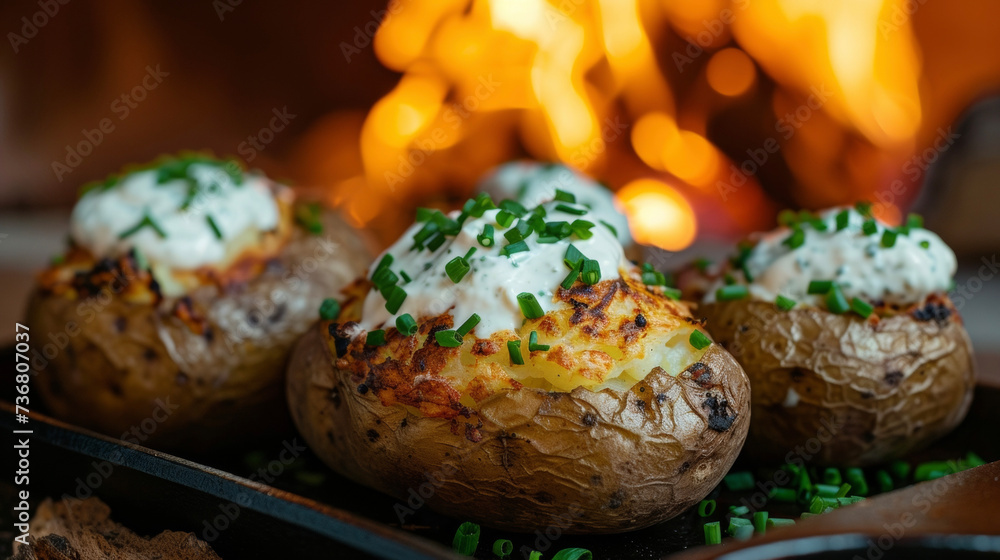 Savor the rustic flavors of the countryside with these Fireside Baked Potatoes slowroasted in the open fireplace and served with a creamy and zesty sour cream and chive topping. Savor the rustic flavors of the countryside with these Fireside Baked Potatoes slowroasted in the open fireplace and served with a creamy and zesty sour cream and chive topping.