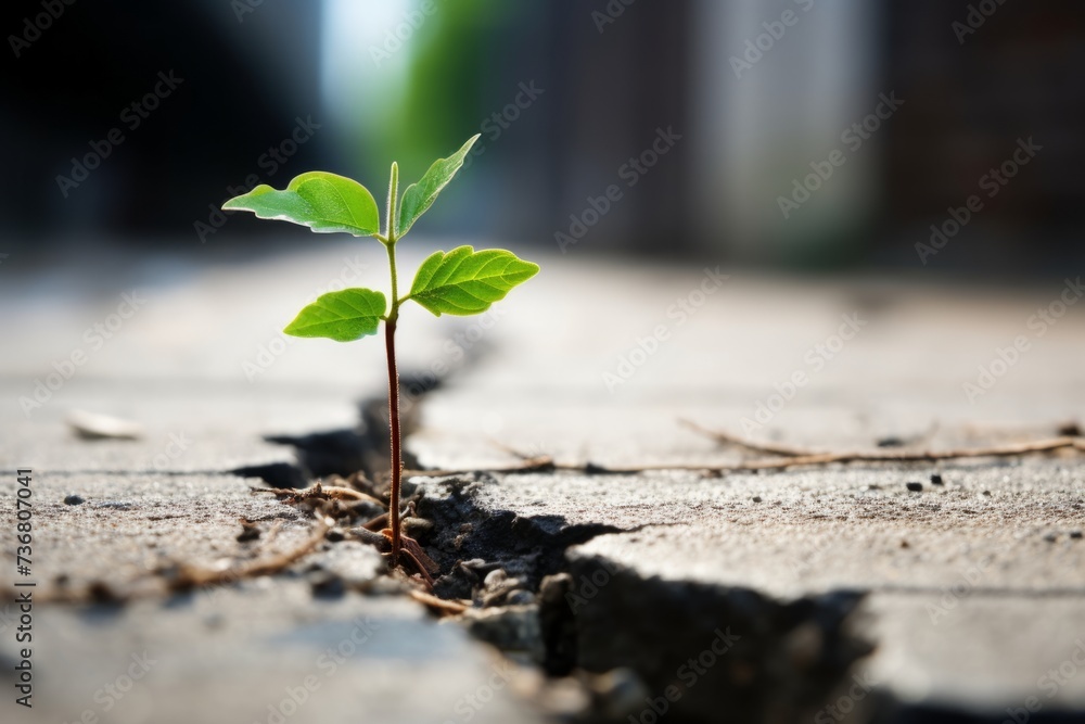 A close up of a seedling sprouting from a crack in a concrete sidewalk, representing resilience A close up of a seedling sprouting from a crack in a concrete sidewalk, representing resilience