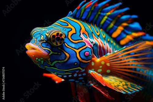 A close-up of a vibrant Mandarin fish with striking colors