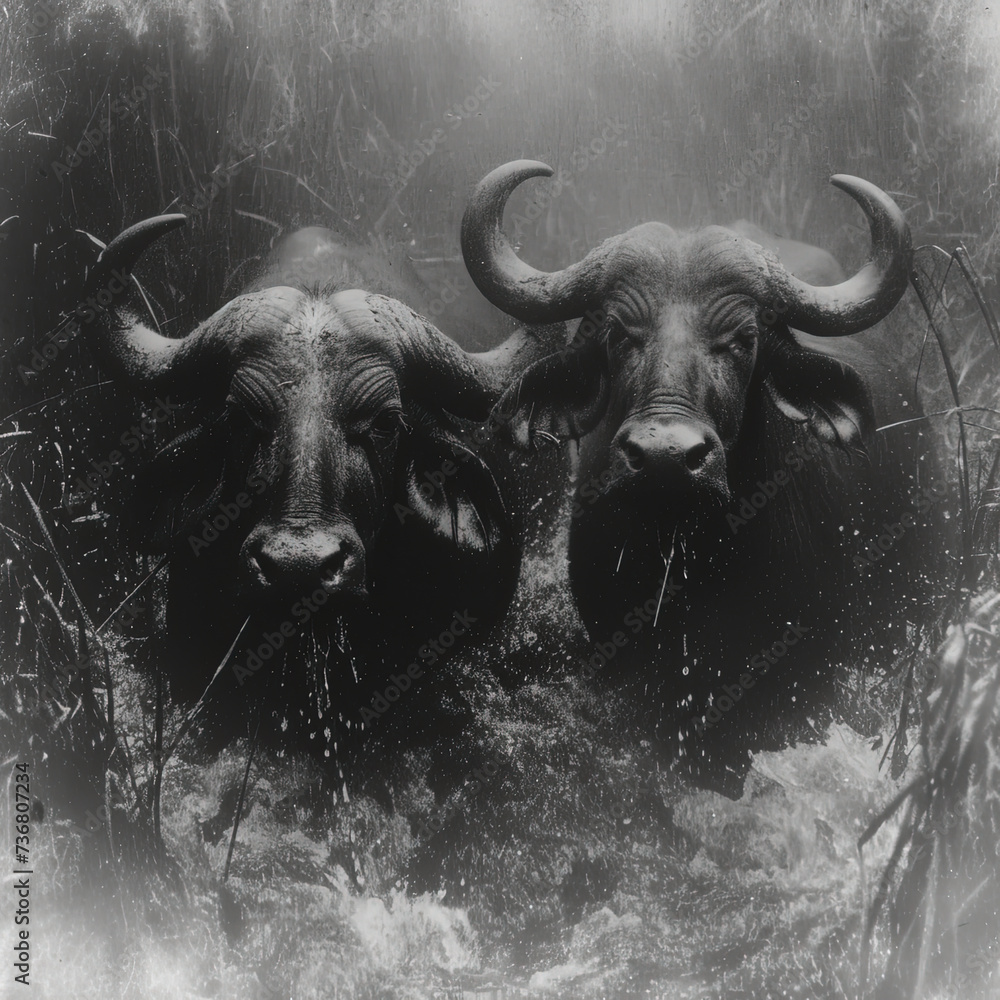 Naklejka premium a two bulls that are standing in the water