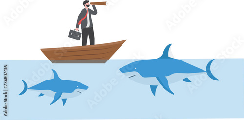Businessman standing In The Up Side Down Open Umbrella with team surrounded by sharks.

