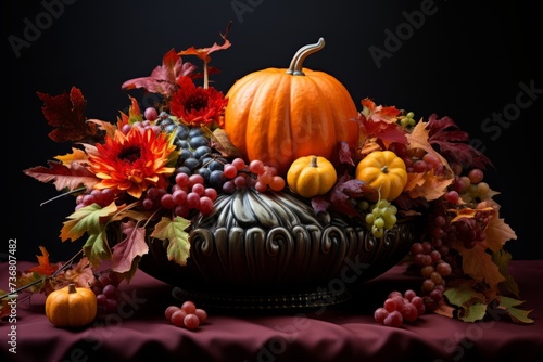 A decorative pumpkin centerpiece with fall foliage