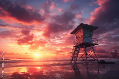 A lifeguard tower at the start of a new day