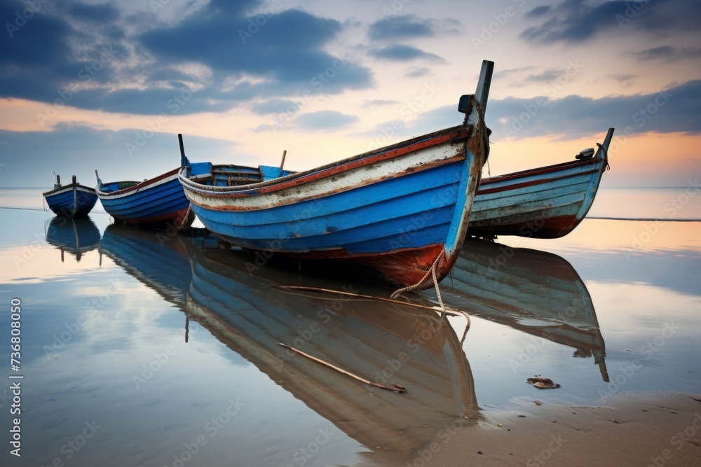 A peaceful reflection of a row of boats resting on a quiet beach