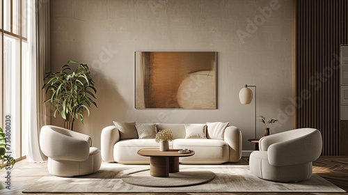 Trendy modern airy living room interior design with white couch and table in minimalistic Danish design style with natural colors and wooden elements © Natalia S.