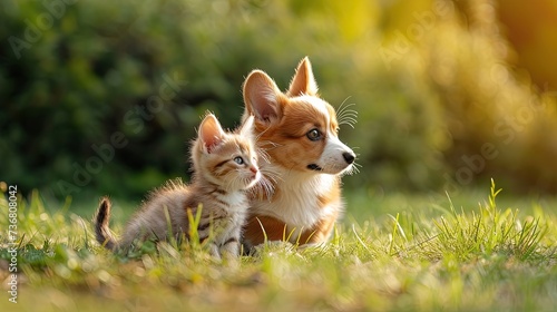 Little corgi puppy and fluffy red kitten on the lawn and looking in the same direction. Advertising of goods for animals, pet food, online store 