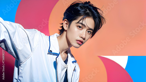 Portrait of a fashionable and stylish young beautiful Asian man with fancy hair color and casual clothes