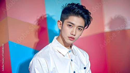 Portrait of a fashionable and stylish young beautiful Asian man with fancy hair color and casual clothes