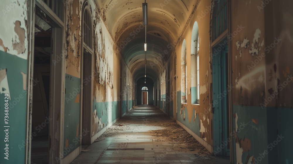 eerie beauty of an abandoned asylum, its crumbling walls a testament to years of neglect
