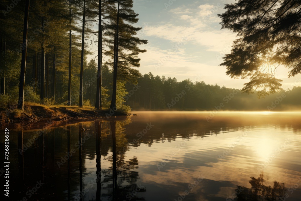 A scenic view of light and shadow creating a captivating reflection on a calm lake A scenic view of light and shadow creating a captivating reflection on a calm lake