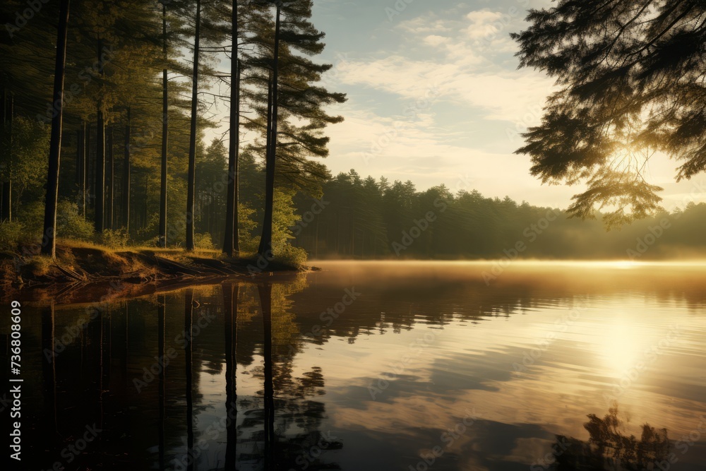 A scenic view of light and shadow creating a captivating reflection on a calm lake