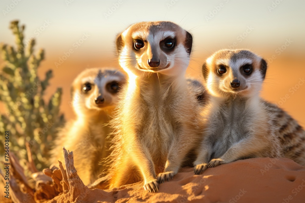 Fototapeta premium A meerkat family vigilantly observing the surroundings, Small meerkat family sitting watching nature beauty, Ai generated