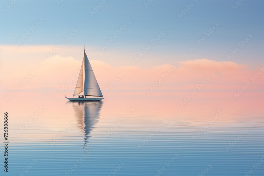 A serene reflection of a lone sailboat drifting on a calm sea